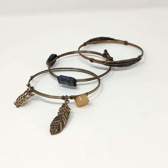 Hand Crafted Jewelry - Boho Set of 3 Gold Bronze Tone Bangle Bracelets Wire Wrap Charms Feathers Owls
